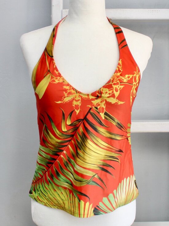 Anne Klein Other - Anne Klein VTG Y2K Tropical Green Leaf Halter Swim Tank Blood Orange Size 12